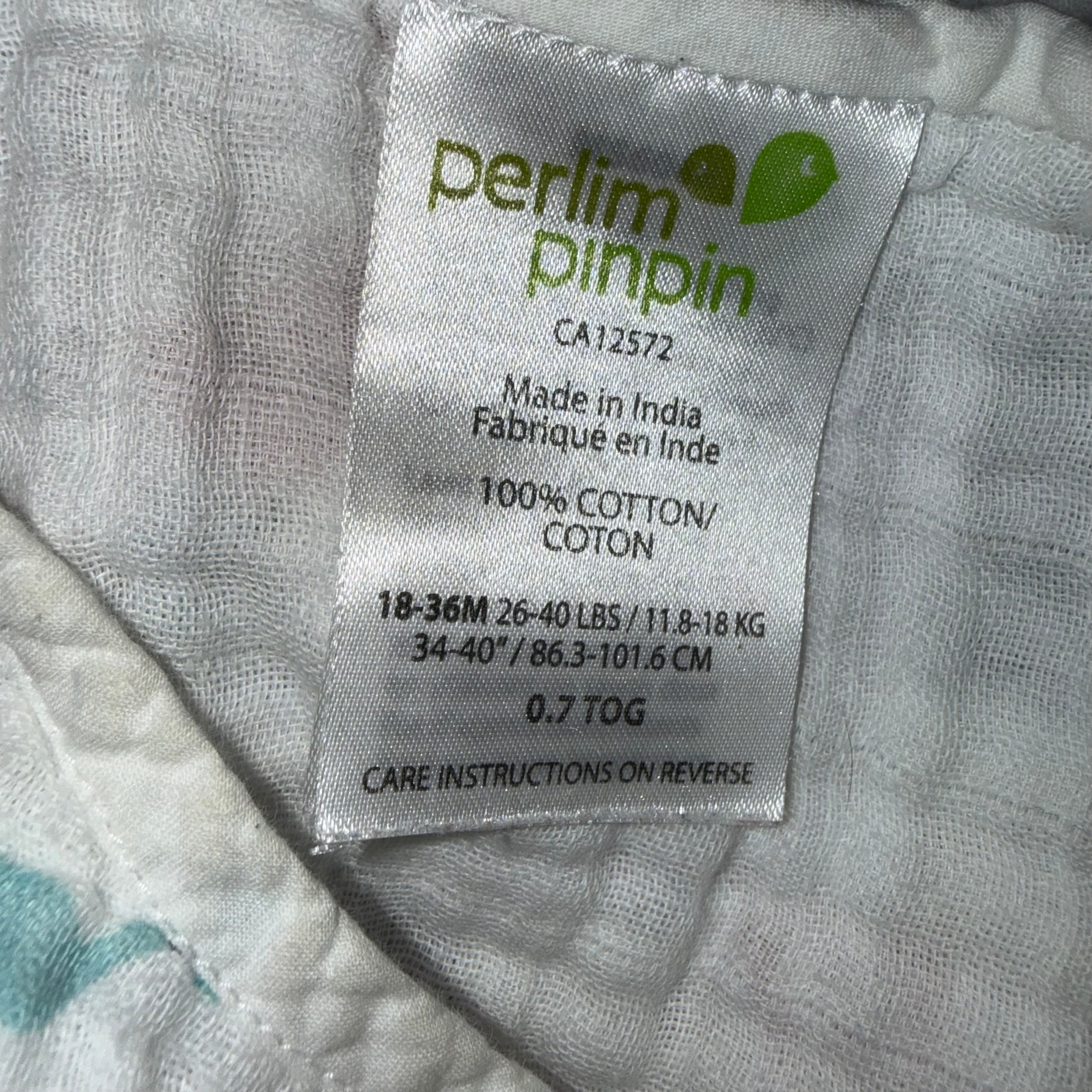 Perlim pinpin 18-36 months 0.7 TOG muslin sleep sack with zebras