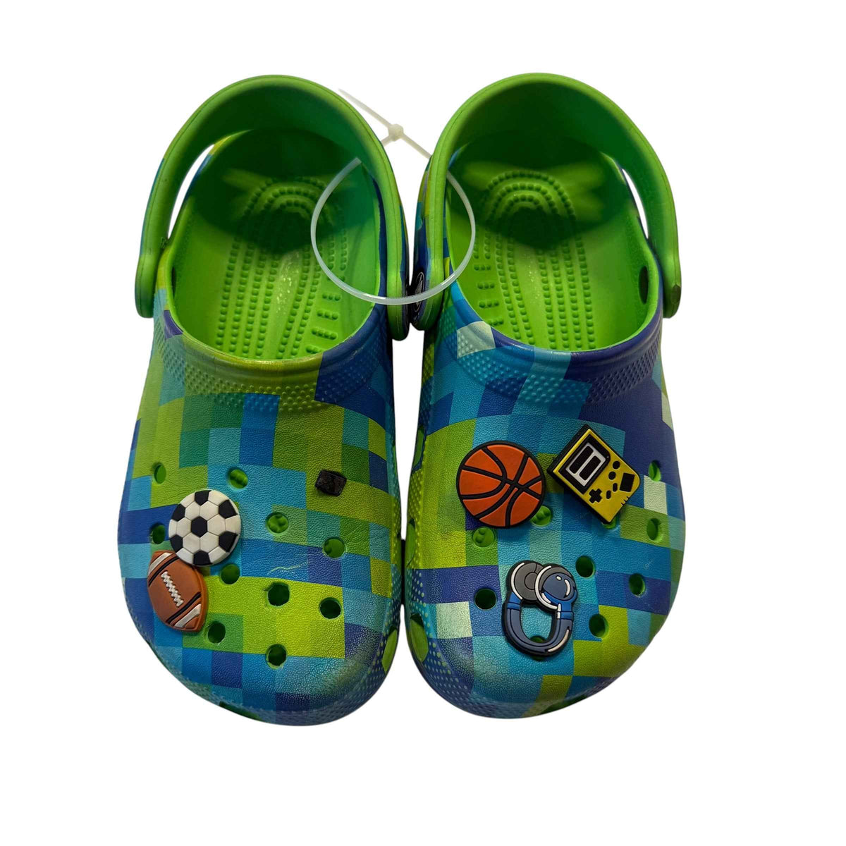 Minecraft x Crocs Classic Clog – Green Blue Pixelated Big Kid Size 1 With Jibbitz - Ready Kids Canada
