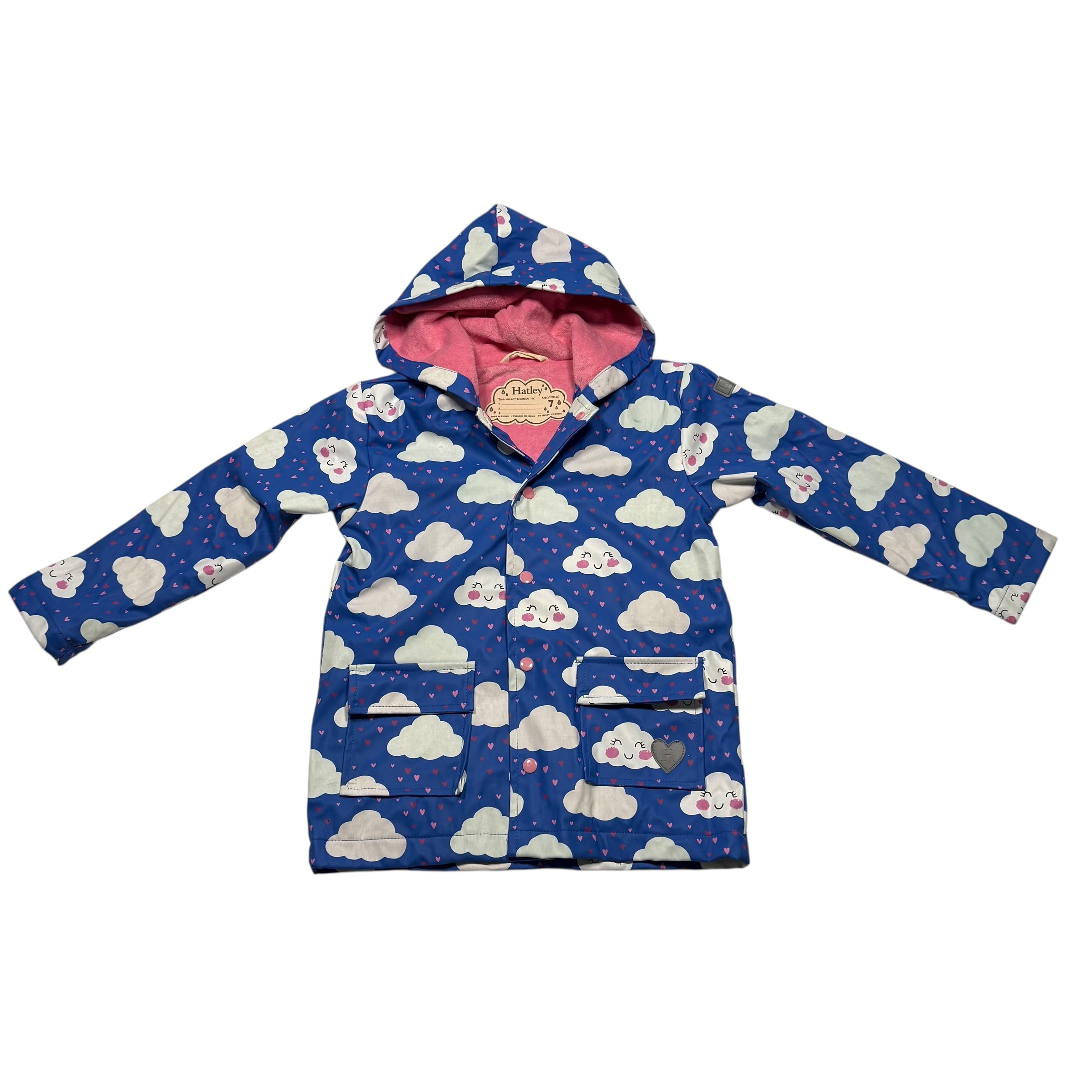 Hatley Size 7 Kids Rain Jacket Blue Pink Clouds - Ready Kids Canada
