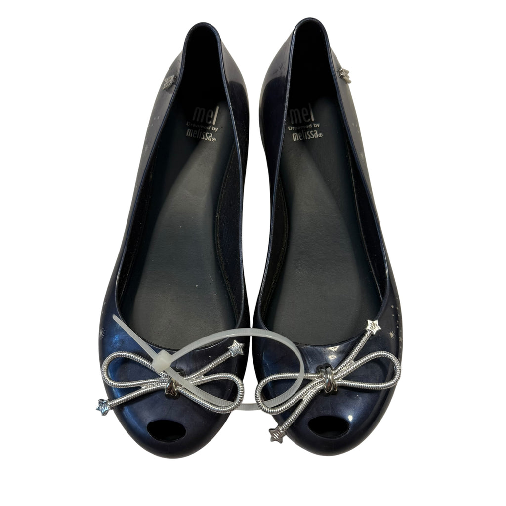 Mini Melissa Mar Jelly Sandal, Navy Blue with Silver Stars and Grey Bow, Big Kid Size 4 - Ready Kids Canada
