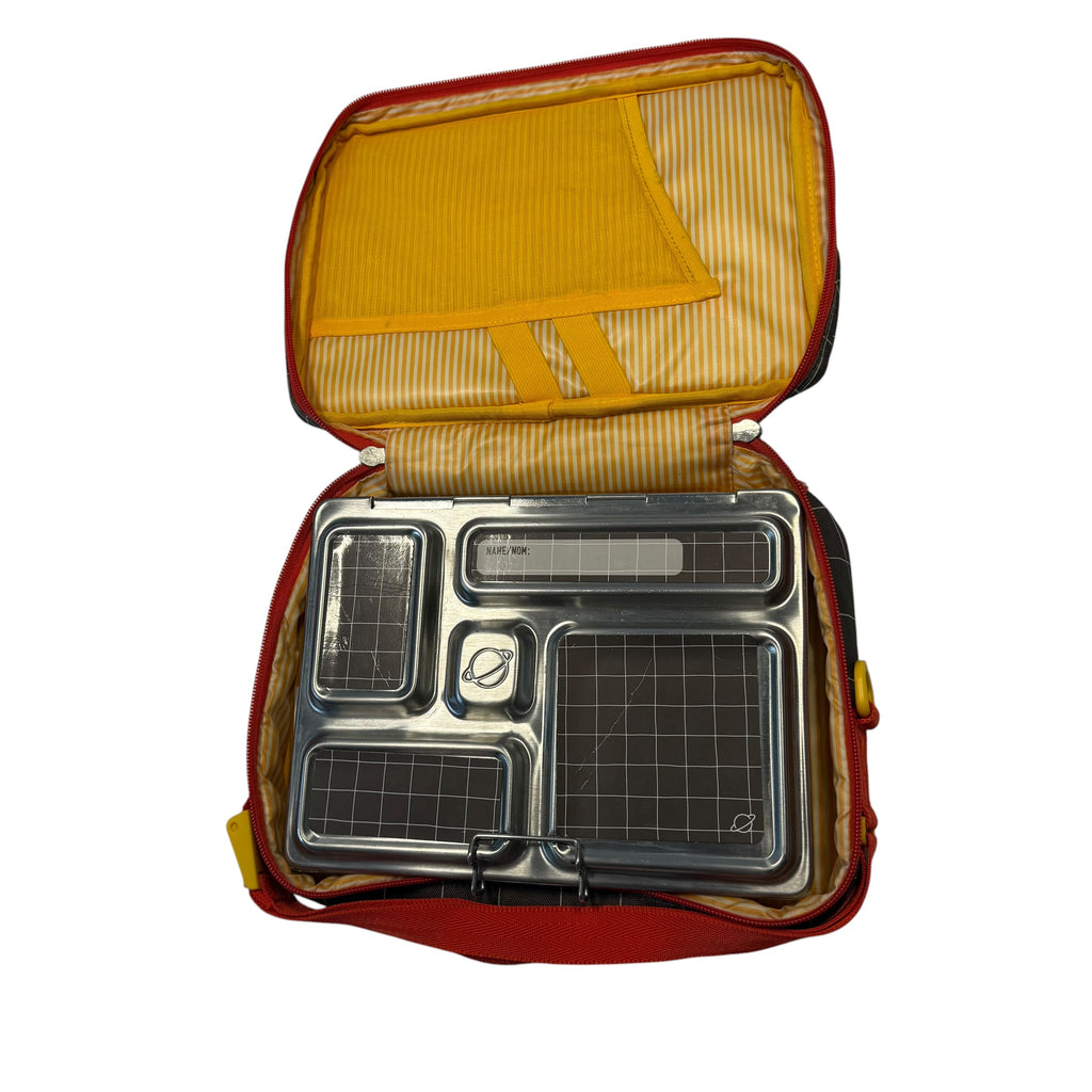 PlanetBox Rover Stainless Steel Bento Lunchbox Combo with 2-in-1 Lunch Tote Bag (Grey Grid / Bright Orange) - Ready Kids Canada