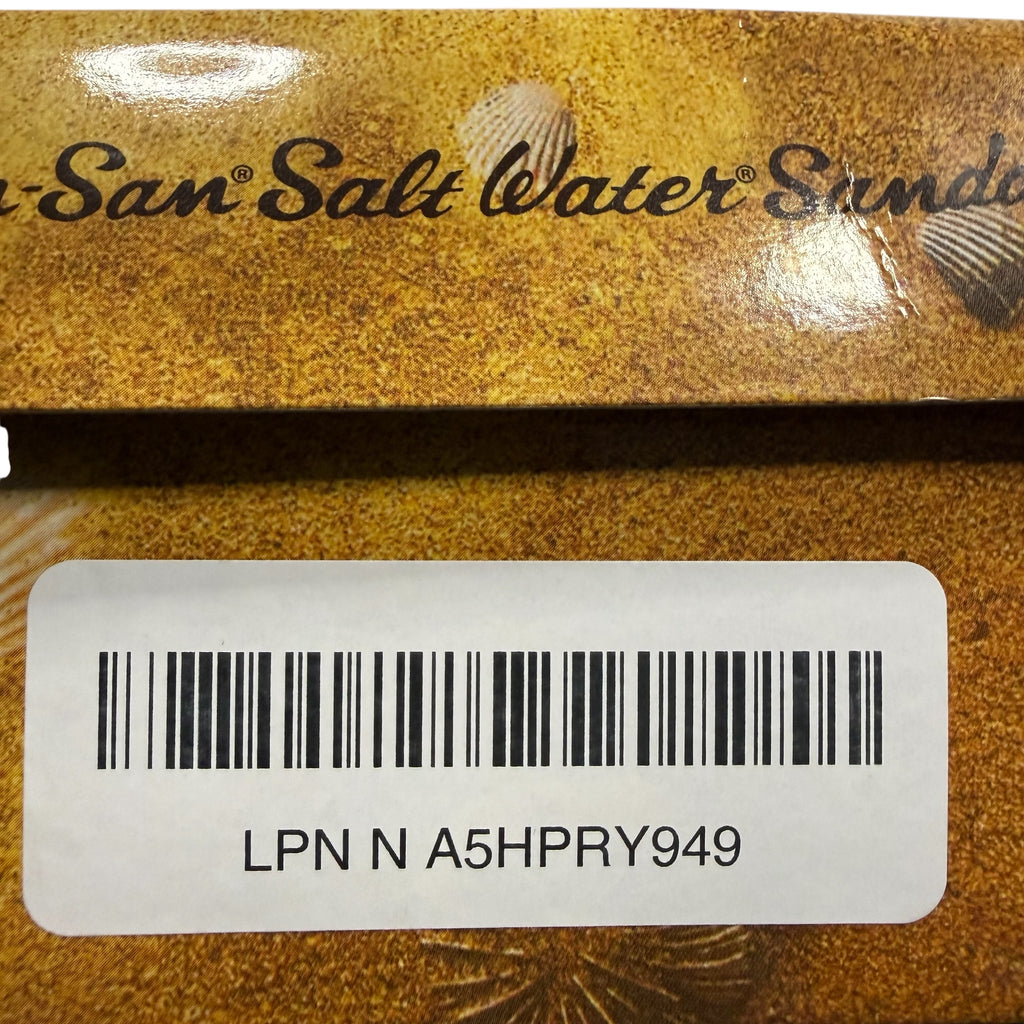 Navy sandals with a box labeled 'San Salt Water Sandals' Toddler size 6