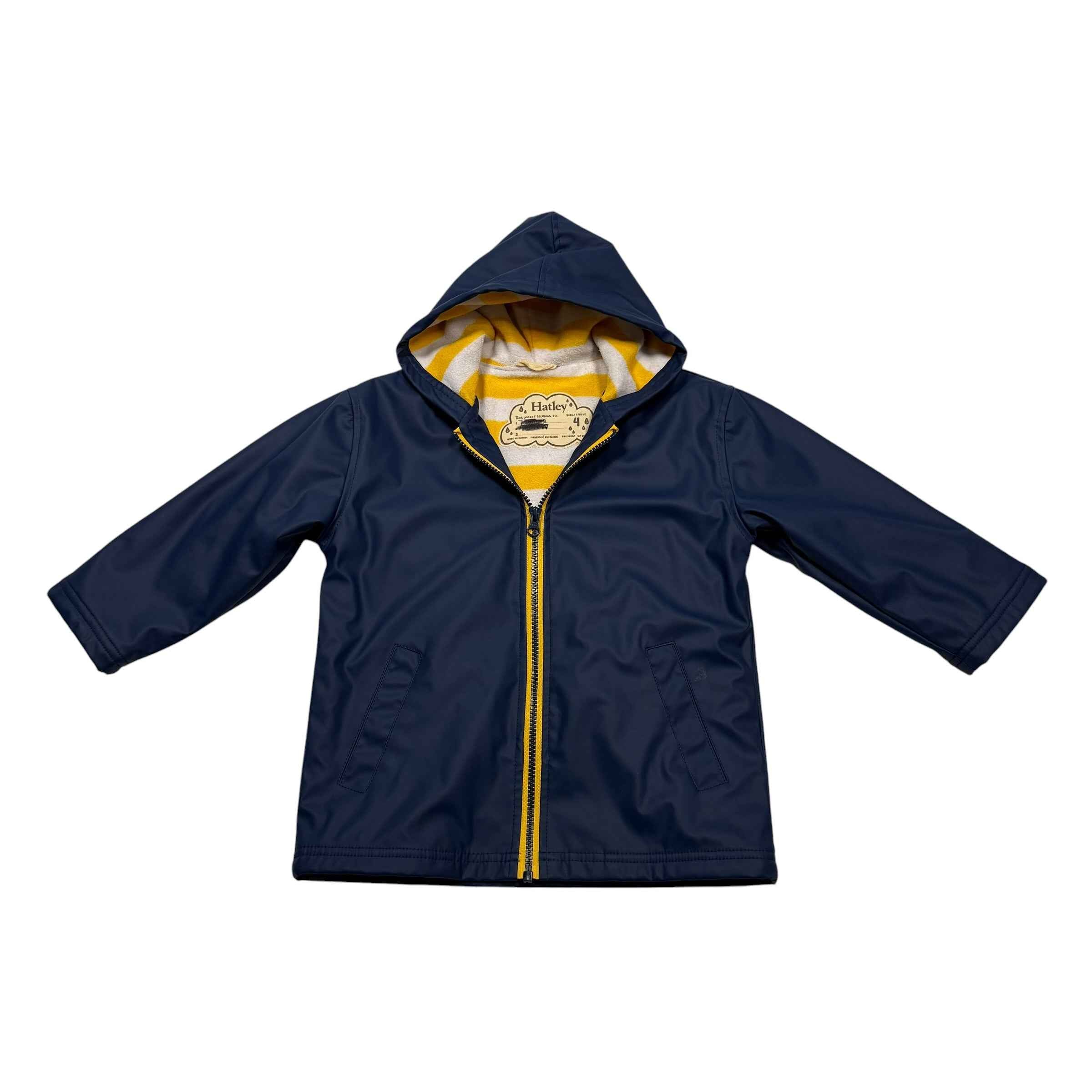 Hatley Size 4 Zip Up Rain Jacket Navy Yellow White Stripes