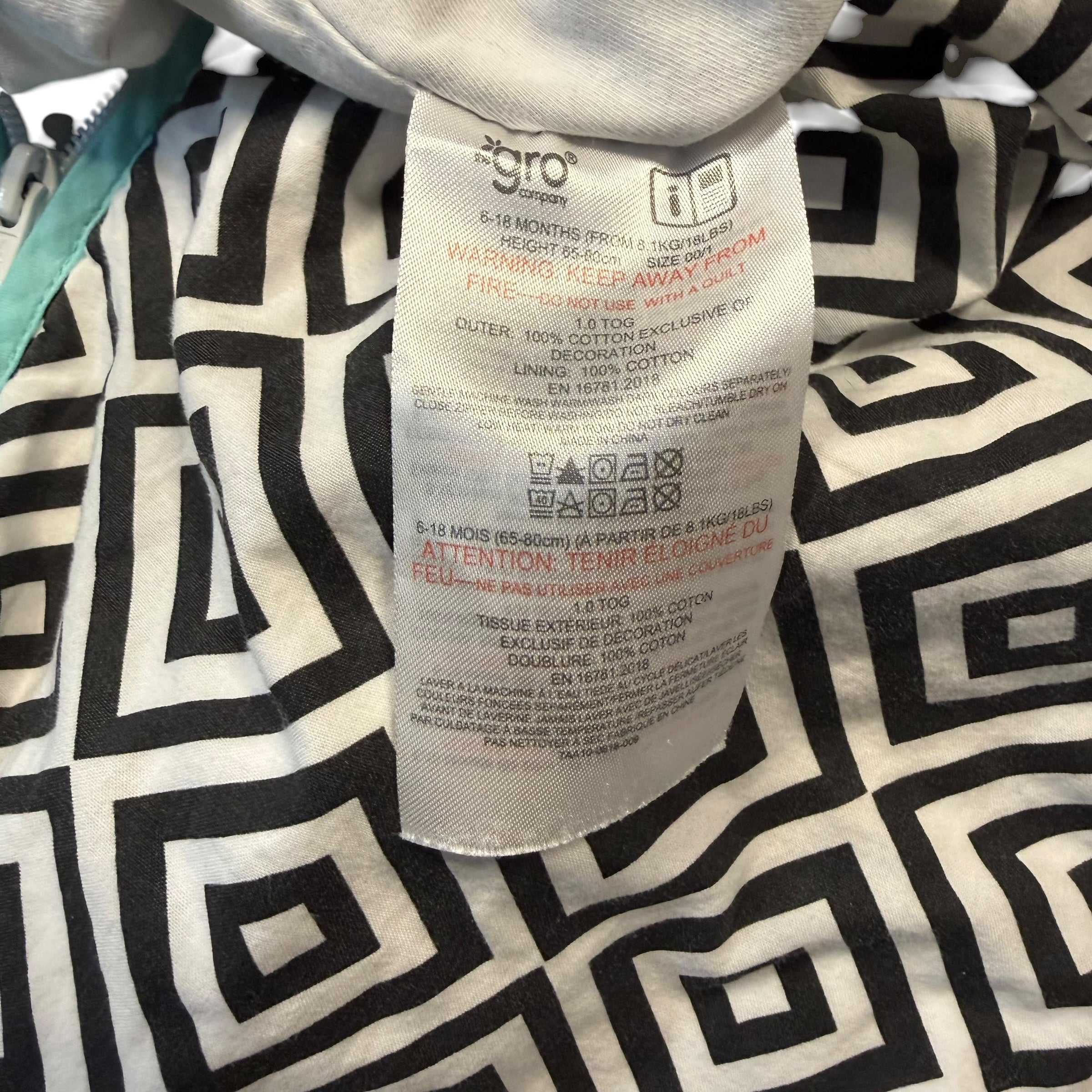 Grobag Baby Sleep Bag – Black & White Geometric (Size 6-18 Months) - Ready Kids Canada