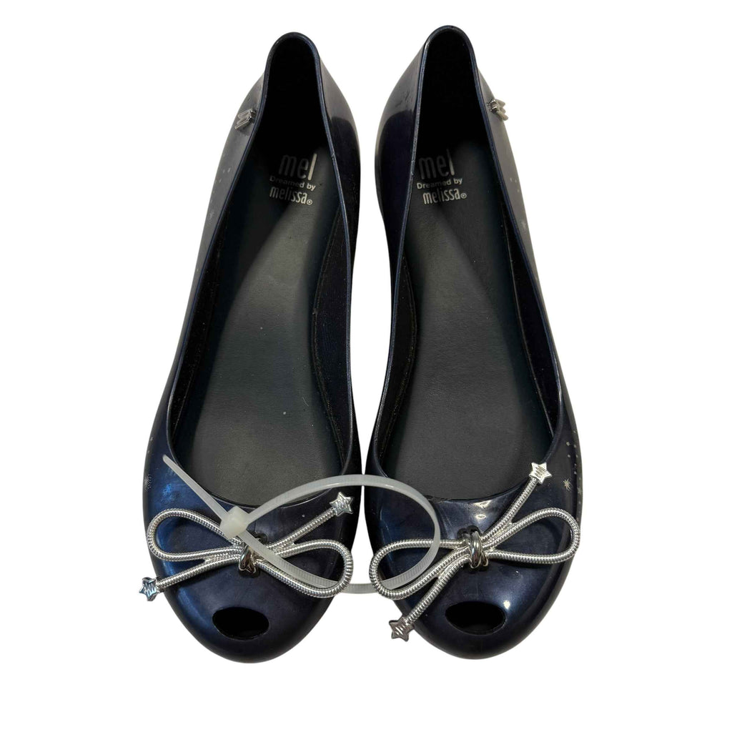 Melissa Kids Black Peep Toe Bow Stars Jelly Flats - US Size 4 Big Kid - Ready Kids Canada