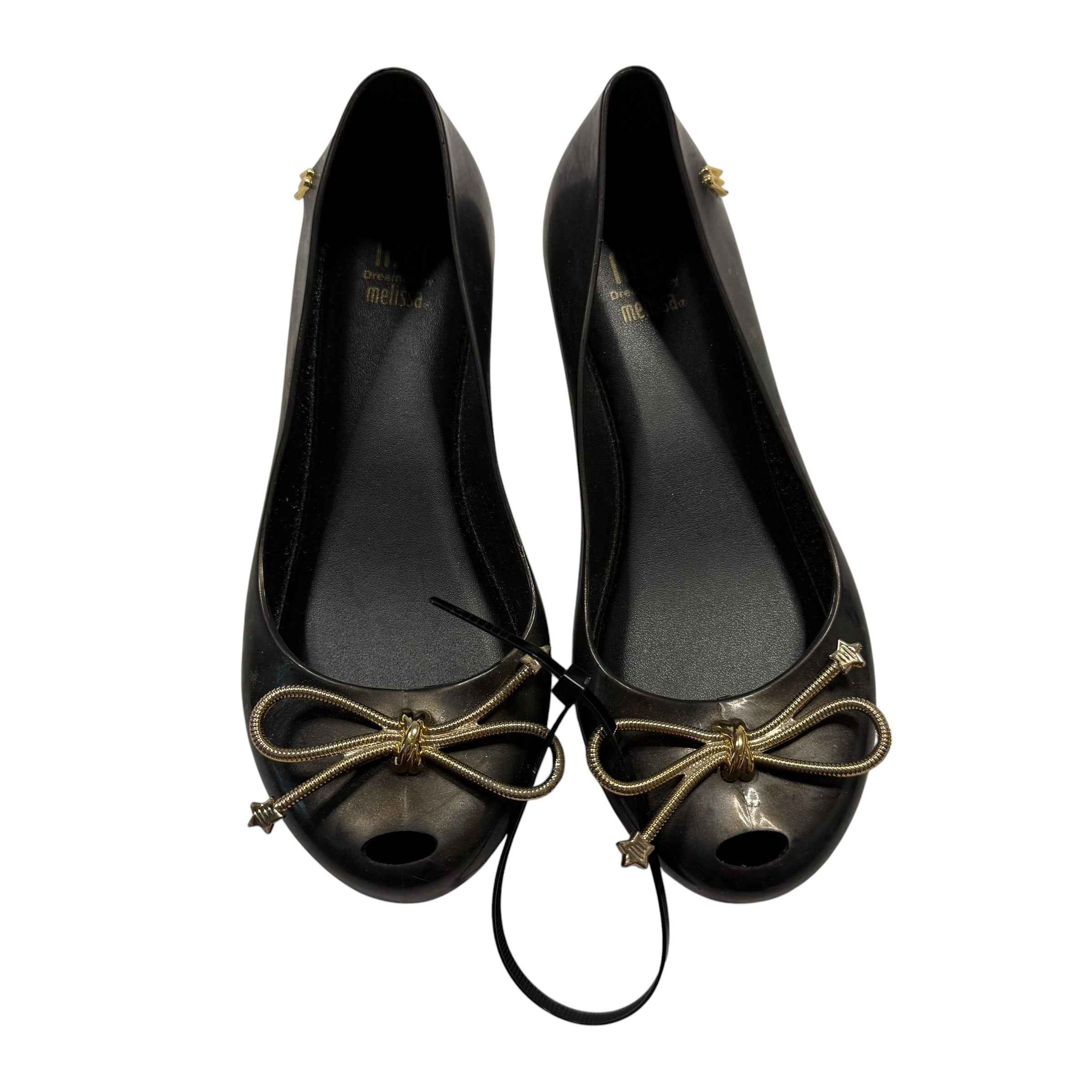 Melissa Ultragirl Sweet Jelly Flats - Black with Gold Bow - Big Kid Size 1 - Ready Kids Canada