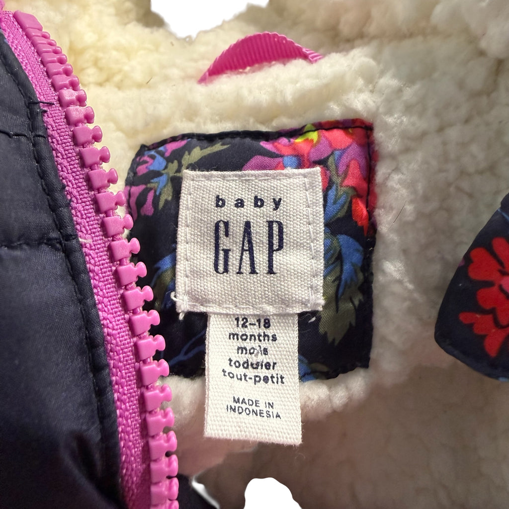 Baby GAP floral-patterned puffer jacket with pink zipper 12-18 months