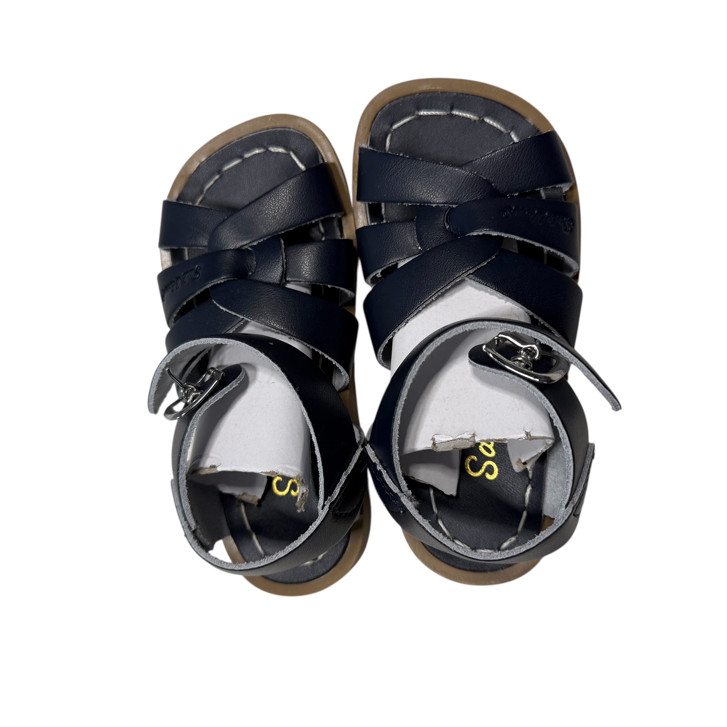 Navy sandals with a box labeled 'San Salt Water Sandals' Toddler size 6