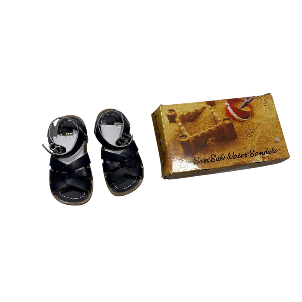 Navy sandals with a box labeled 'San Salt Water Sandals' Toddler size 6