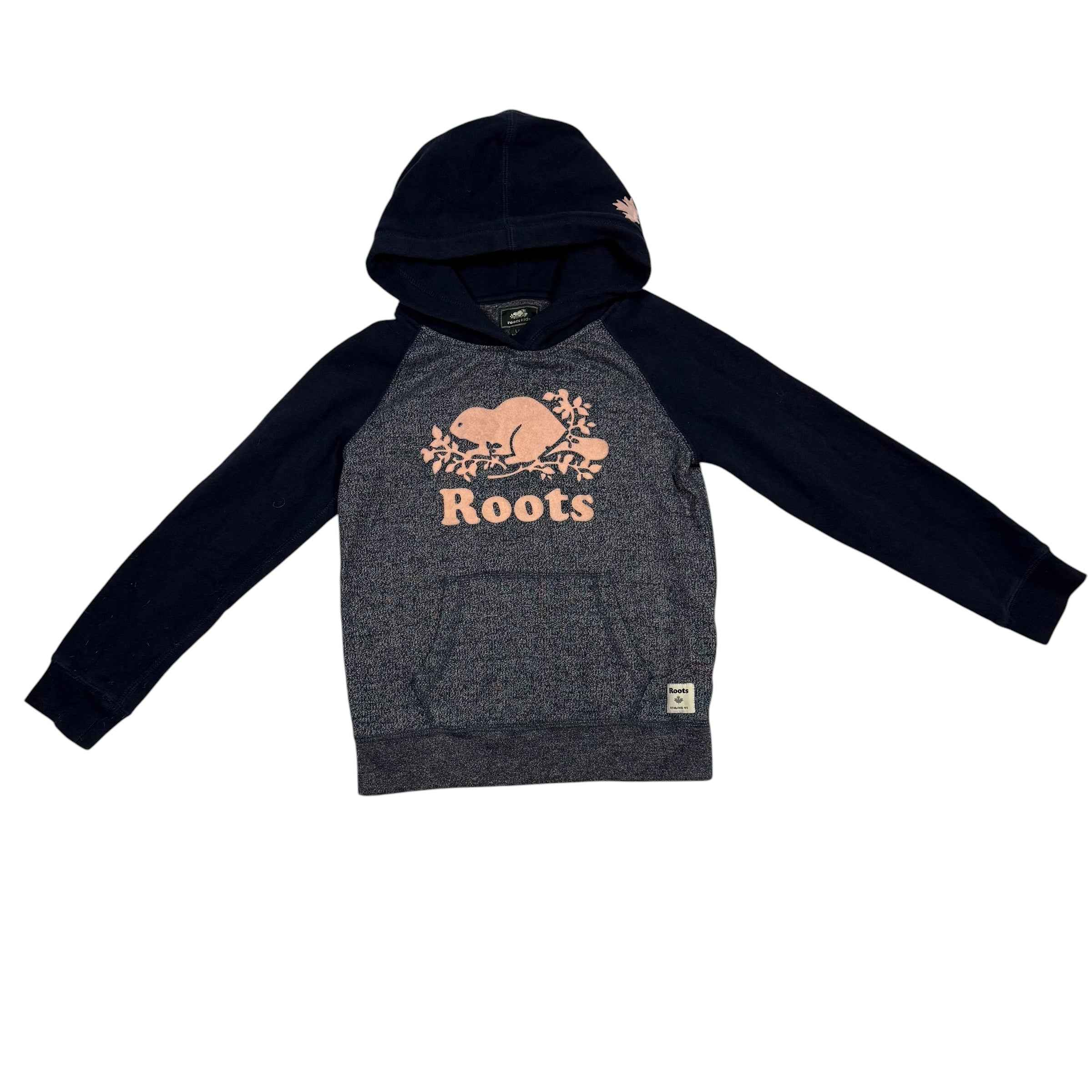 Roots Kids Salt and Pepper Kanga Hoodie L/G (9-10 YRS) Dark Grey Pink Beaver Logo
