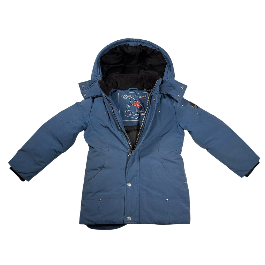 Moose Knuckles Kids Original Hooded Down Parka Size Small (7-8) Blue - Ready Kids Canada