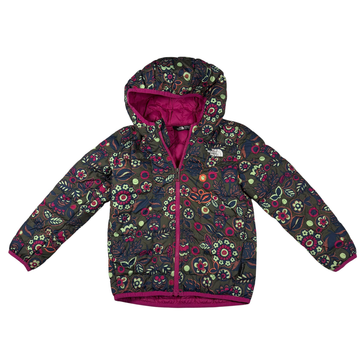 The North Face Kids Reversible Perrito Hooded Fall Puffer Jacket Size 5T Thyme TNF Forest Floral Print - Ready Kids Canada