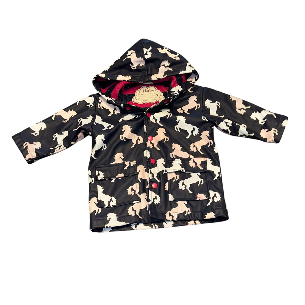 Hatley size 2 rain jacket coat colour changing horses pattern waterproof