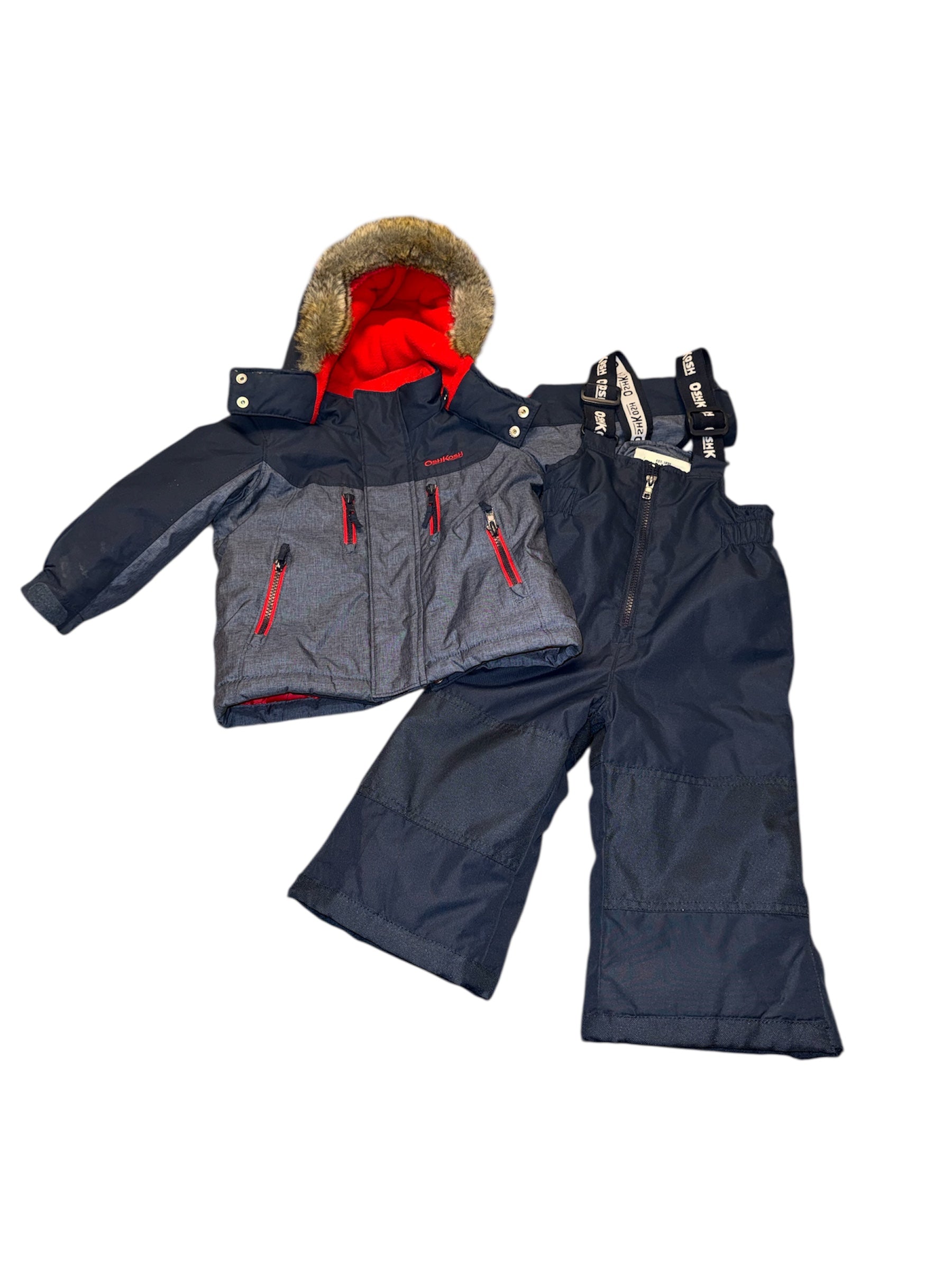 OshKosh 18 month snowsuit jacket and pants gray navy blue with fur hood