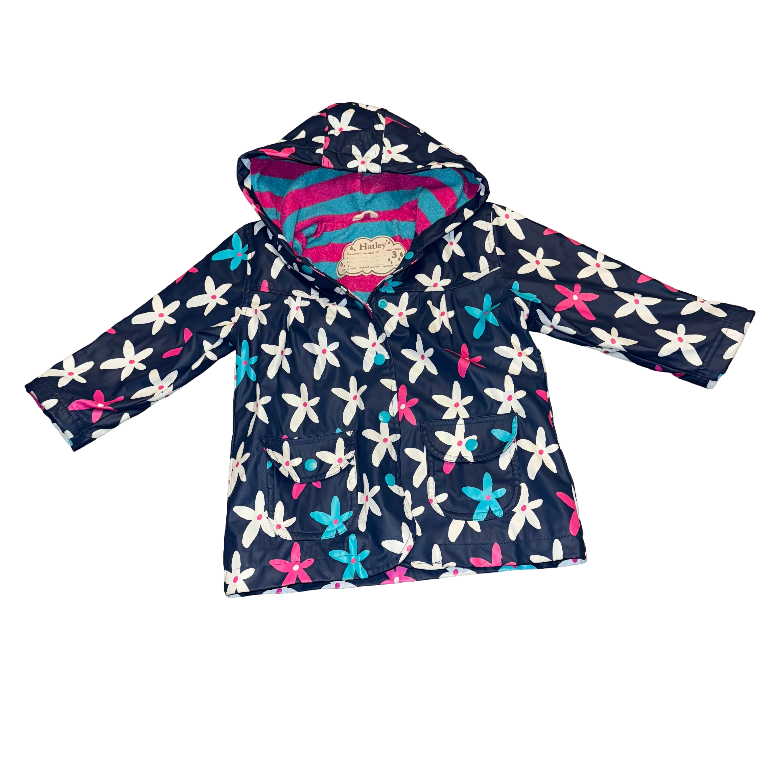 Hatley size 3 toddler rain jacket pink floral with terry cloth lining