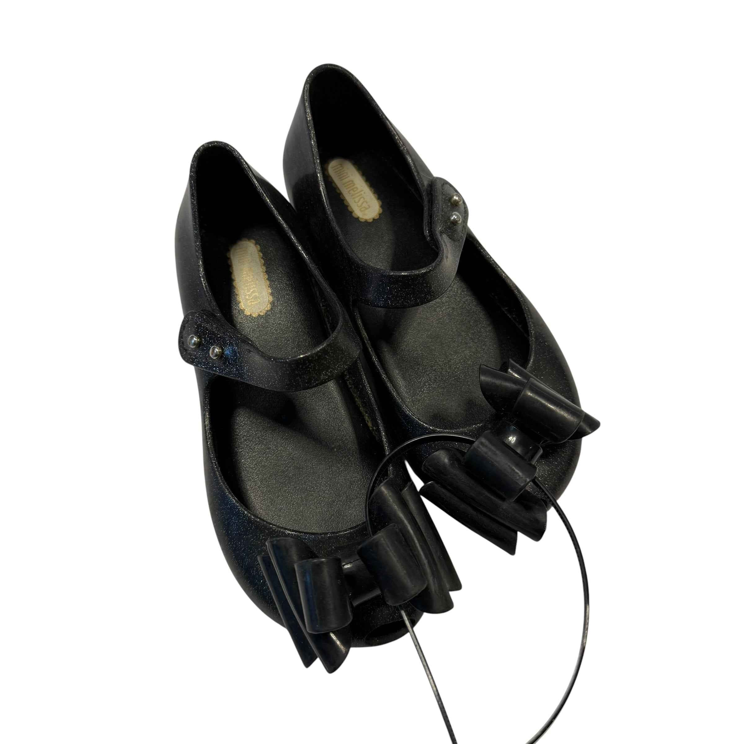 Mini Melissa Mary Jane Glitter Flat Shoes - Black - Kids Size 10