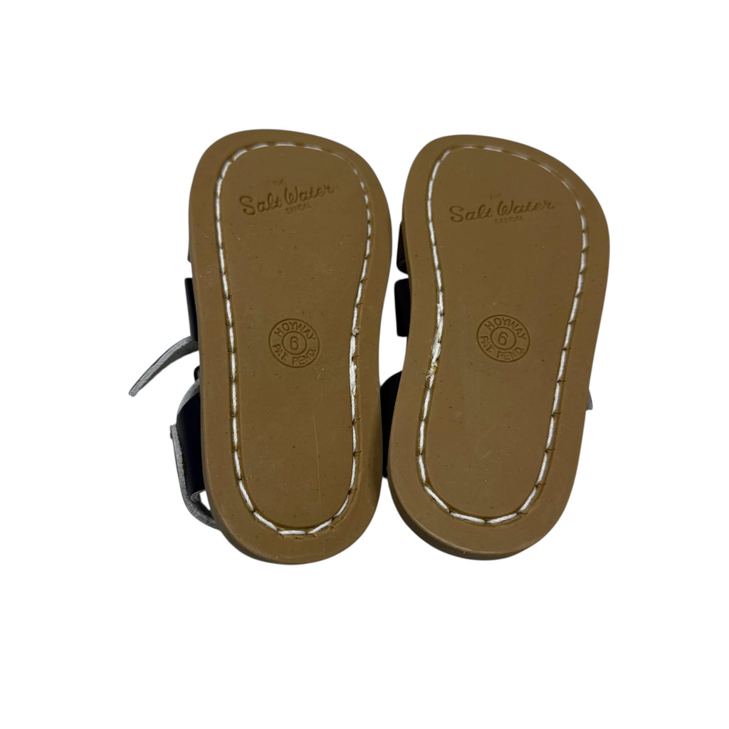 Navy sandals with a box labeled 'San Salt Water Sandals' Toddler size 6
