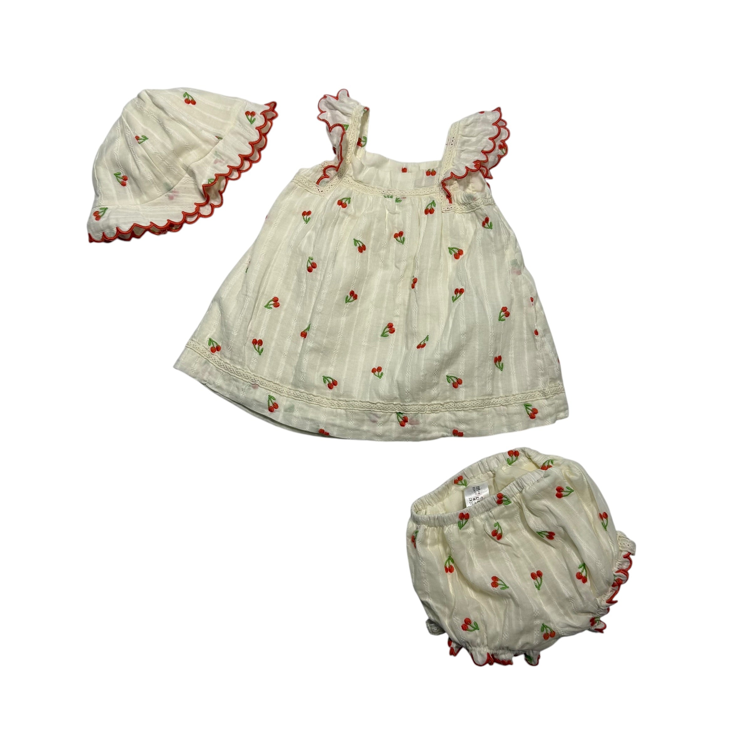 Happily Grey Newborn Girls Flutter Sleeve Cherry Dress, Bloomer, and Coordinated Hat 3-Piece Set (Size 3-6 Months) - Ready Kids Canada