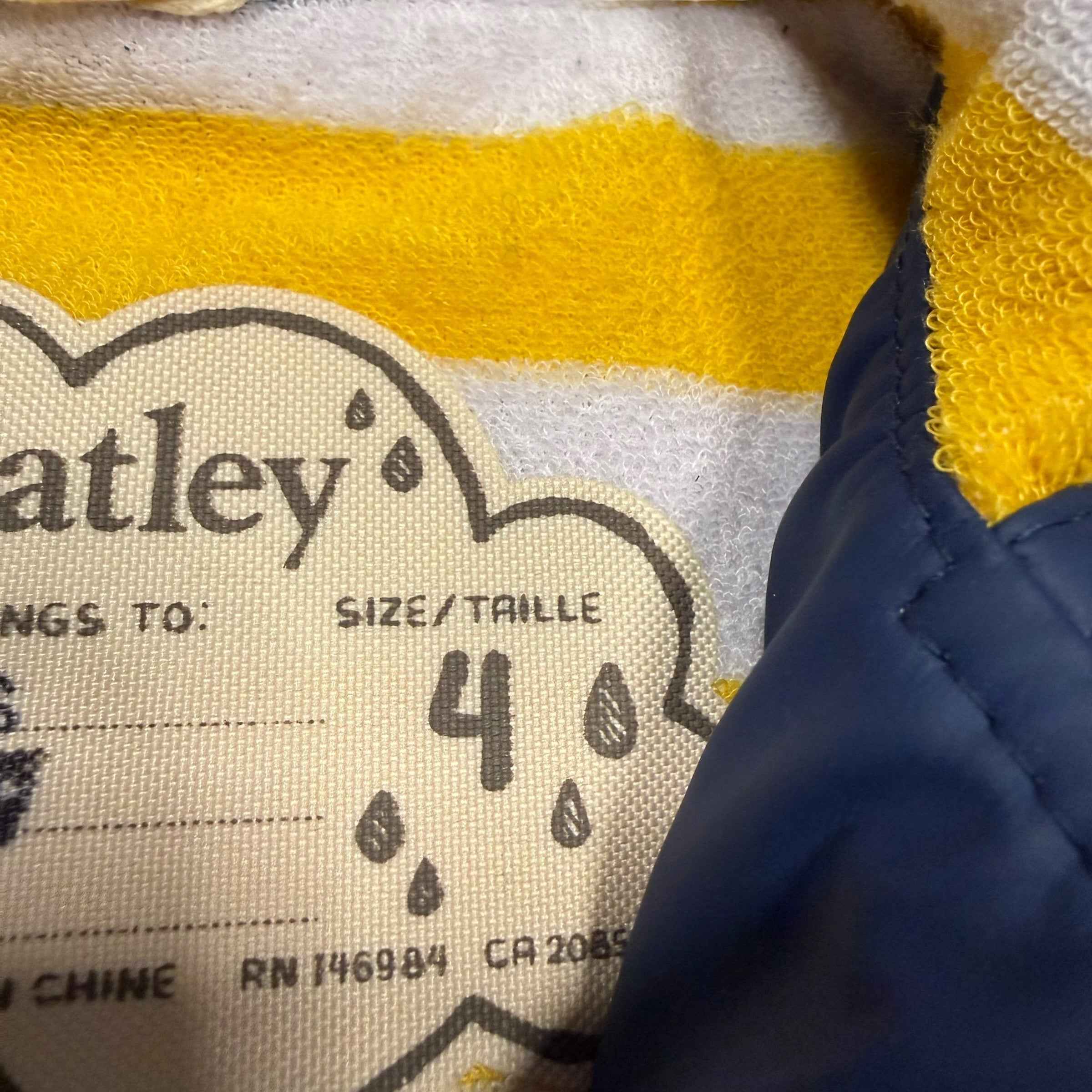 Hatley Size 4 Zip Up Rain Jacket Navy Yellow White Stripes