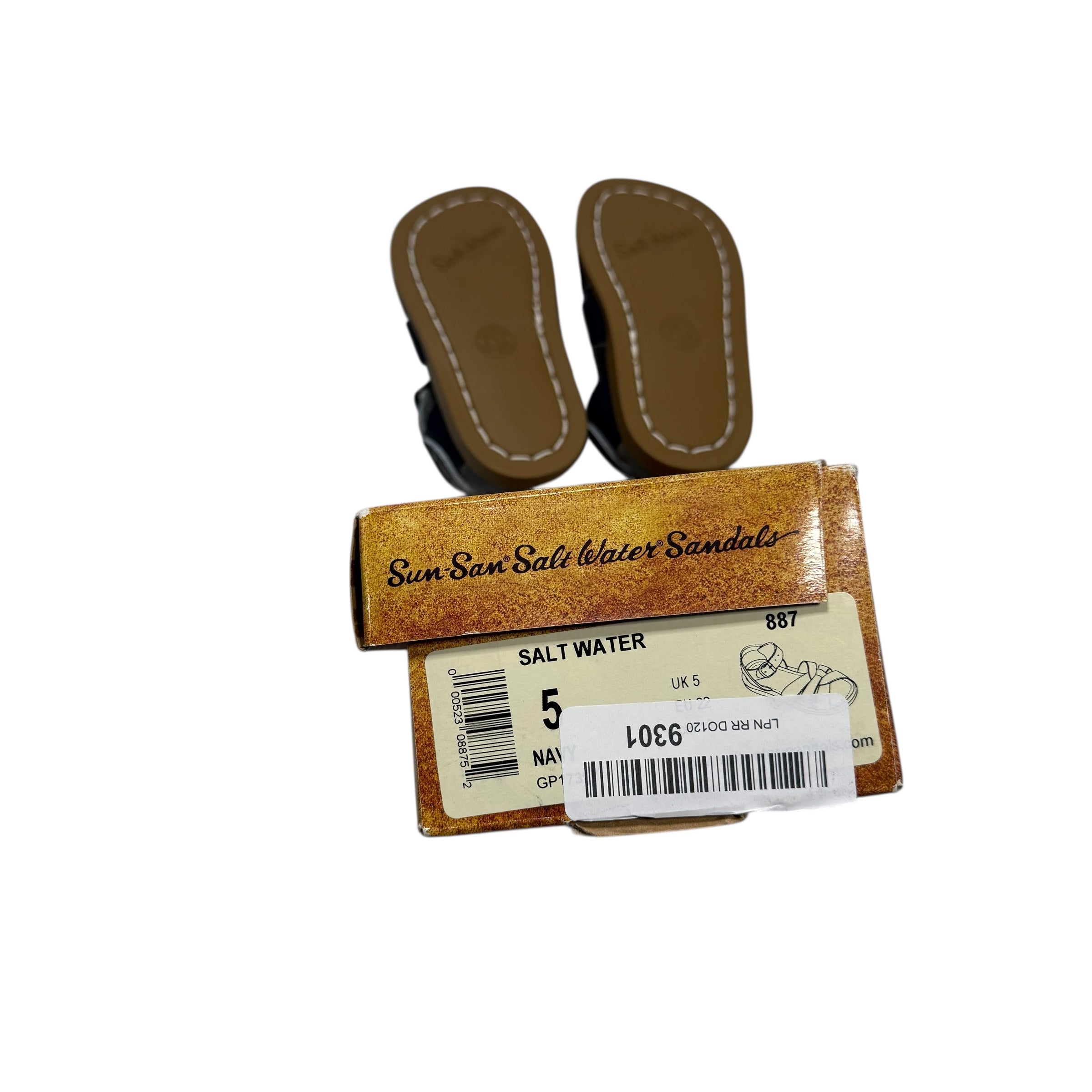 Saltwater sandals in Navy and tan leather, toddler size 5