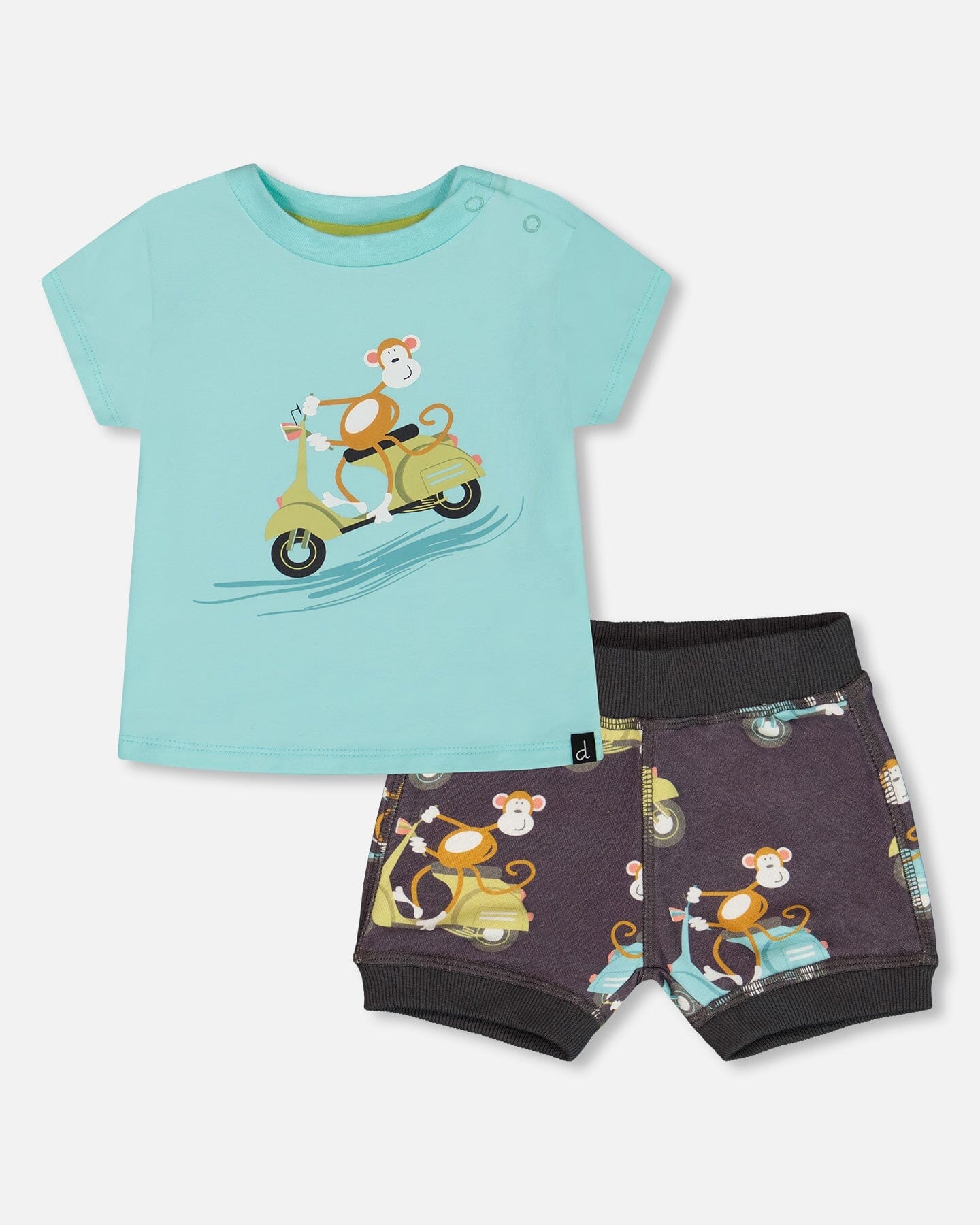Deux Par Deux Two-Piece Top And Short Set Monkey On Navy And Turquoise Moped NEW BNWT - Ready Kids Canada