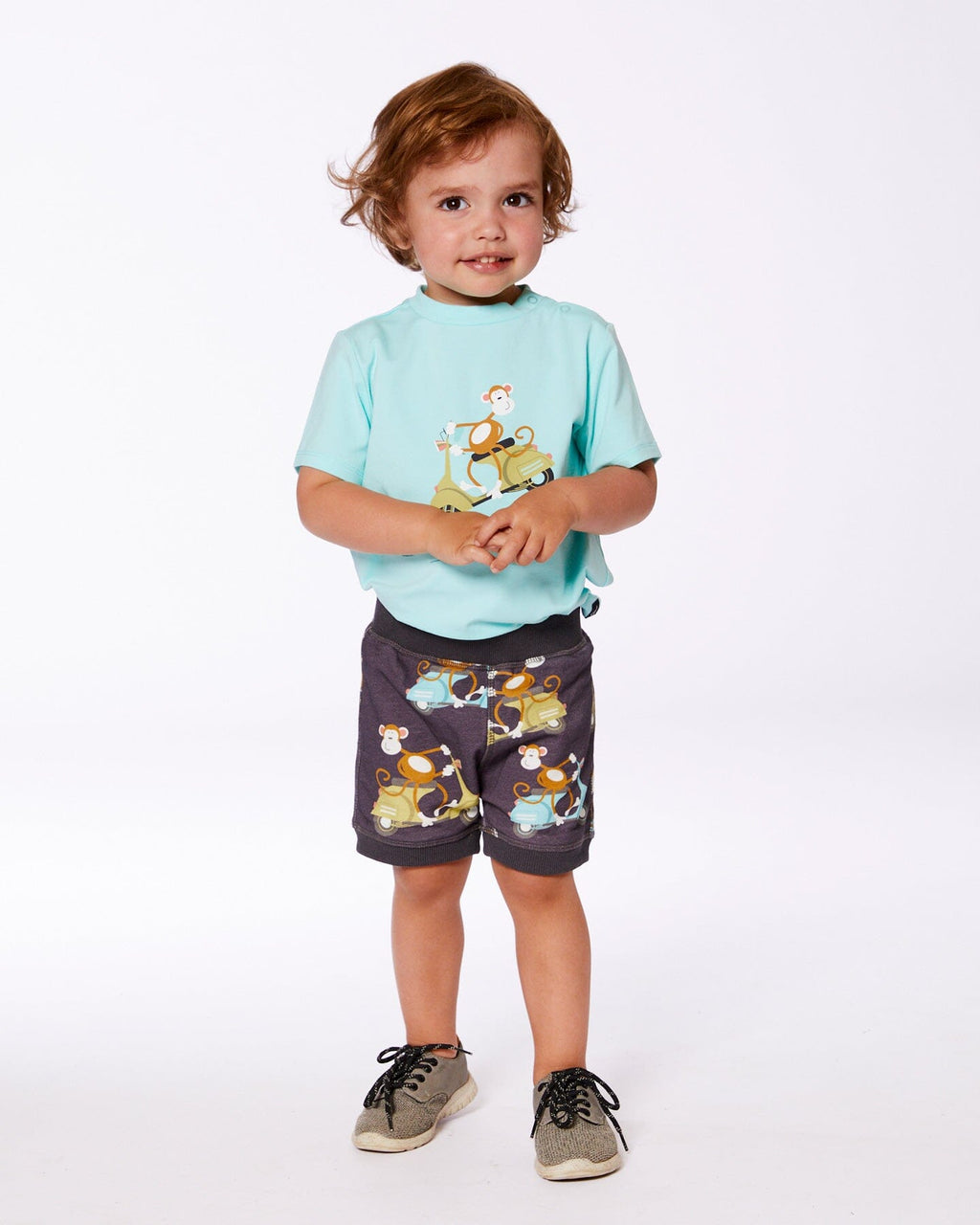 Deux Par Deux Two-Piece Top And Short Set Monkey On Navy And Turquoise Moped NEW BNWT - Ready Kids Canada