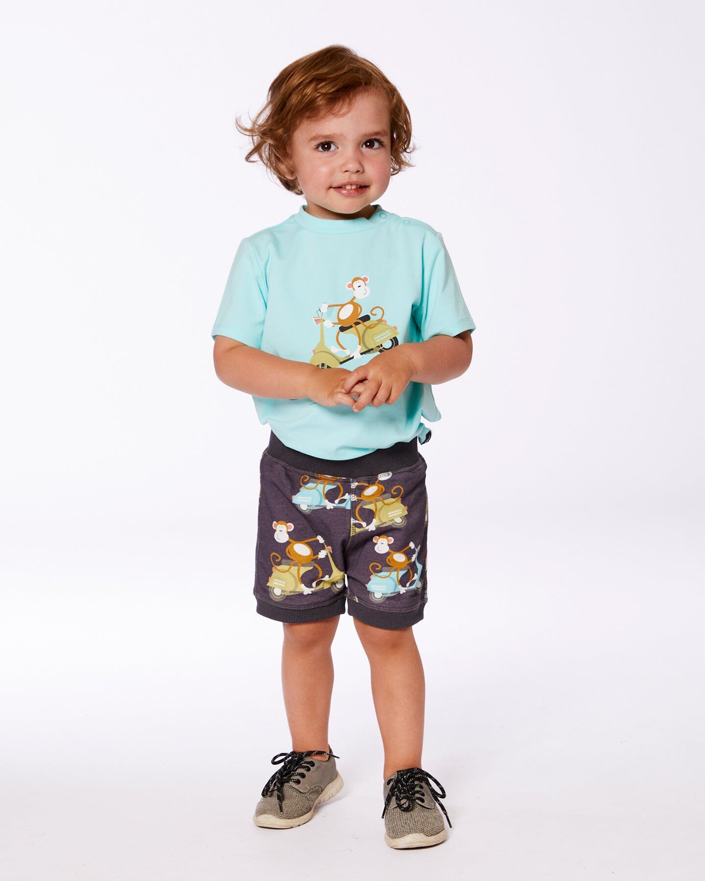 Deux Par Deux Two-Piece Top And Short Set Monkey On Navy And Turquoise Moped NEW BNWT - Ready Kids Canada