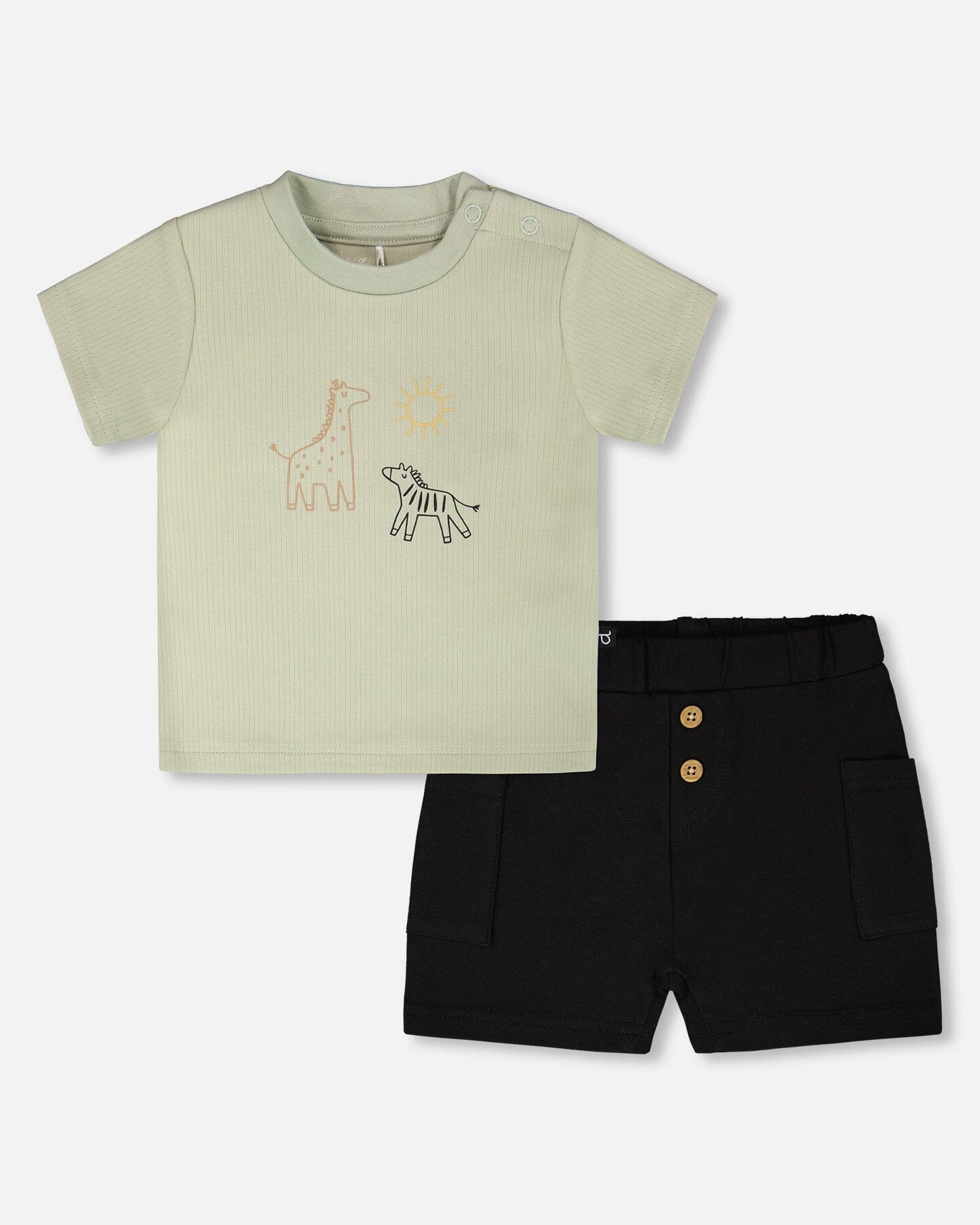 Deux Par Deux Cotton Rib Jersey T-Shirt And Organic Cotton Jersey Short Set Sage Green And Black NEW BNWT - Ready Kids Canada
