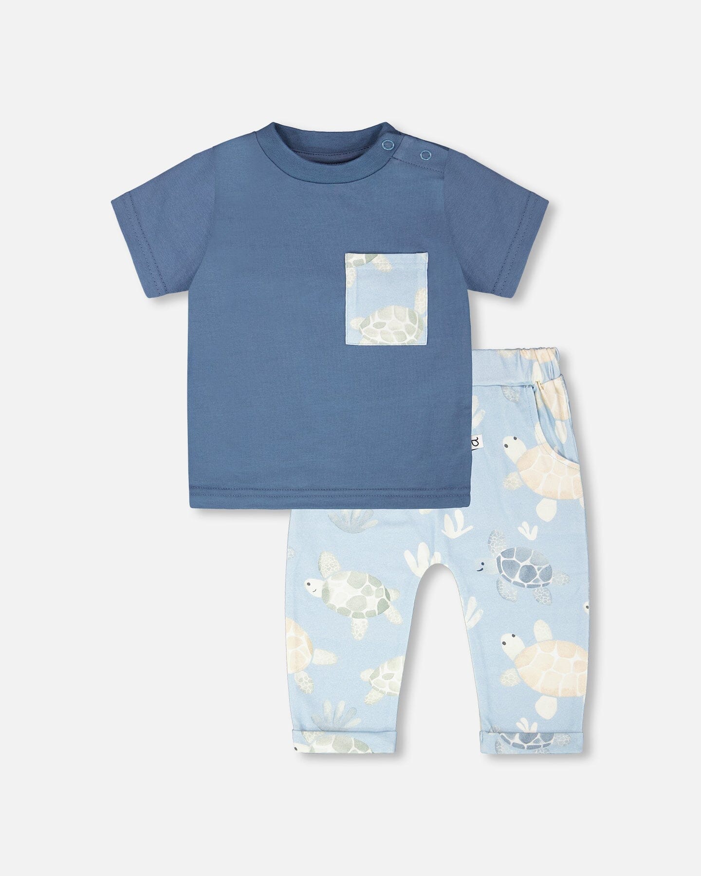 Deux Par Deux Organic Cotton Jersey T-Shirt And Pants Set Medium Blue And Blue Turtle Print NEW BNWT - Ready Kids Canada