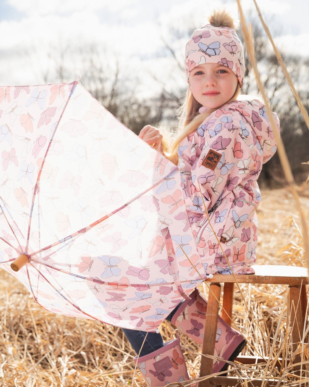 Umbrella Pink Butterfly Print Deux Par Deux - Ready Kids Canada