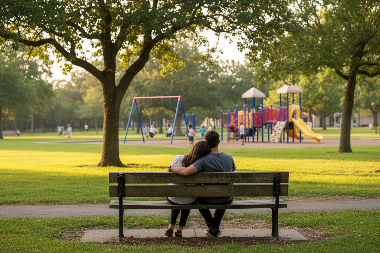 Parents on park bench watching kids at playground